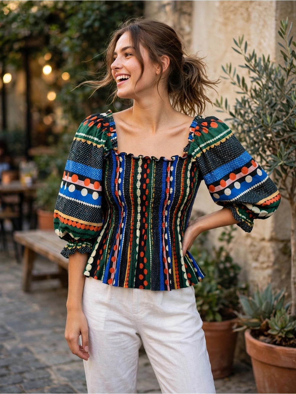 Conditions Apply Medium Multicolor Smocked Peplum Puff Sleeve Boho Blouse